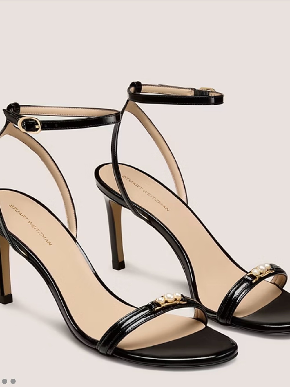 Stuart Weitzman Black Patent Pearl-Embellished Ankle-Strap Heels